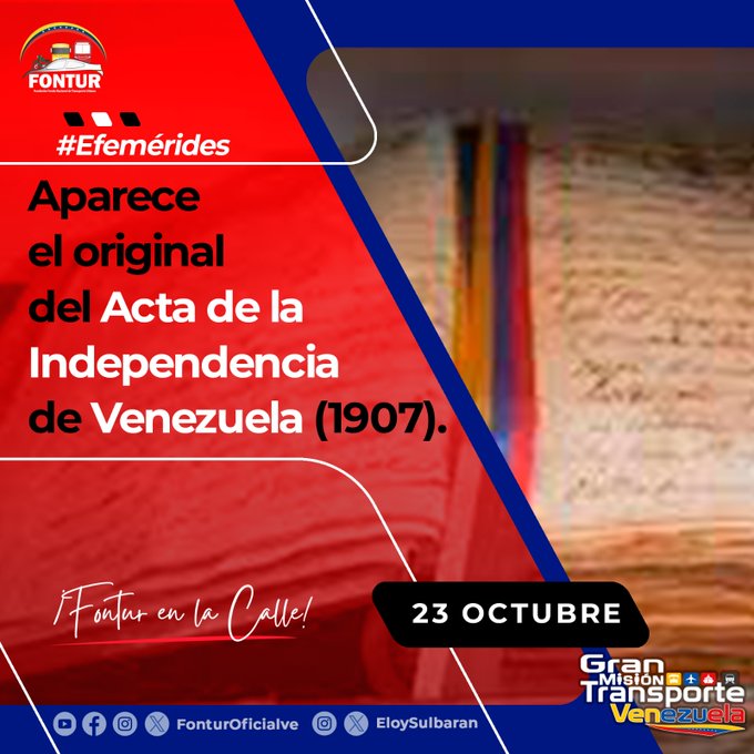#23oct1907 | se confirmaba el hallazgo del Libro de Actas manuscrito del Congreso Constituyente, que incluía el original del Acta Solemne de la Independencia de Venezuela. El valioso documento estuvo desaparecido desde 1812.
#ElEsequiboEsVenezolano 
<a href="/NicolasMaduro/">Nicolás Maduro</a>
<a href="/ELOYSULBARAN/">Eloy Chiquitín</a>