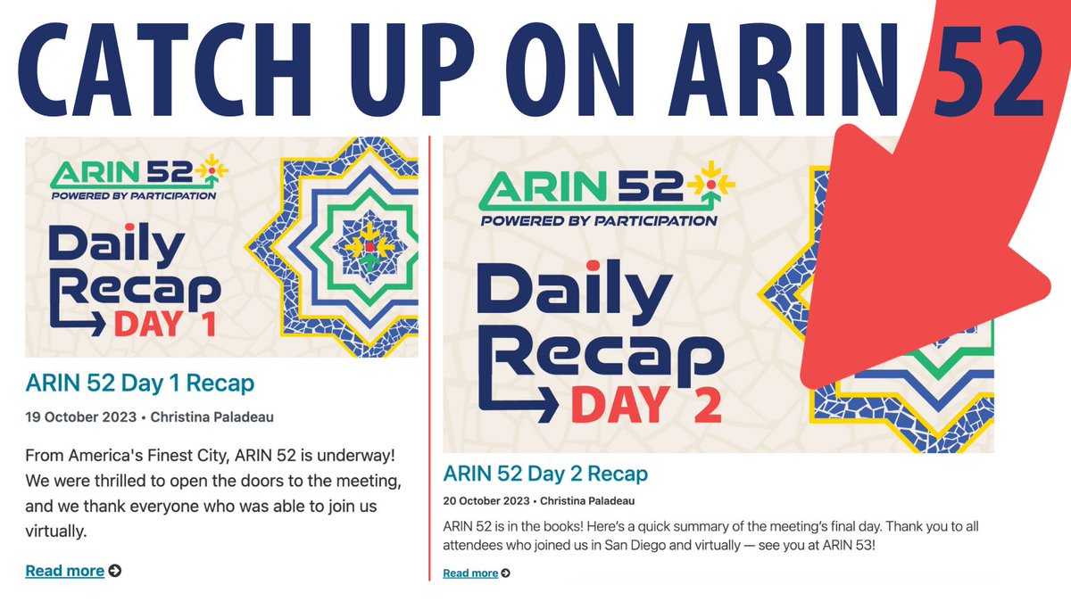 Did you miss the #ARIN52 Public Policy and Members Meeting last week? No problem — we have recaps of each day for you on the blog: arin.net/blog/category/…