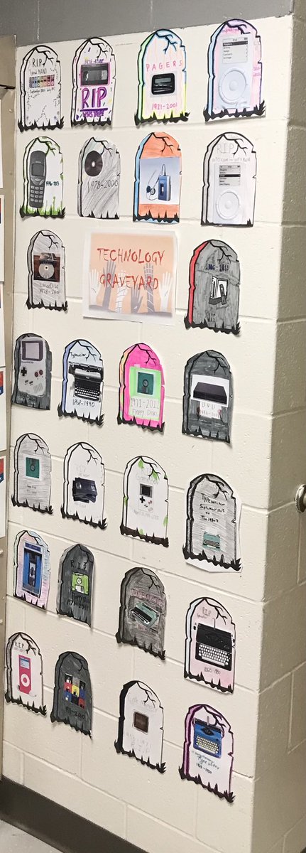 Dig Lit students ⁦@Ryle_HS⁩ researched dead technology. Stop by Room 124 and check out the graveyard 🪦 💀🪦For some of us it’s a stroll down memory lane. #spookyseason