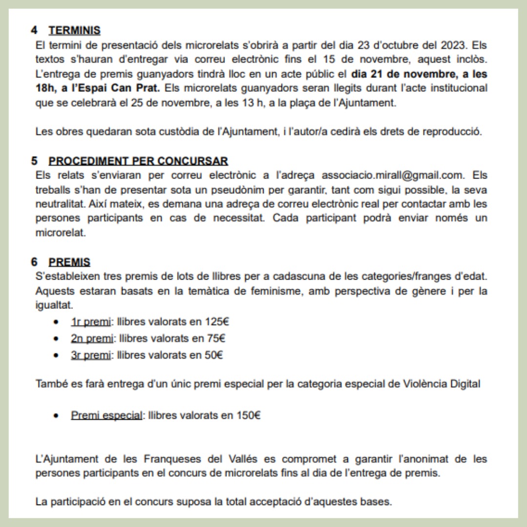 📝 Ja tenim aquí la III edició del concurs de microrelats, en el marc del 25N, Dia Internacional per a l’eliminació de la violència masclista! 

🗣️ Si tens més de 14 anys, fins el 15 de novembre (inclòs), ja pots enviar el teu escrit a: associacio.mirall@gmail.com.