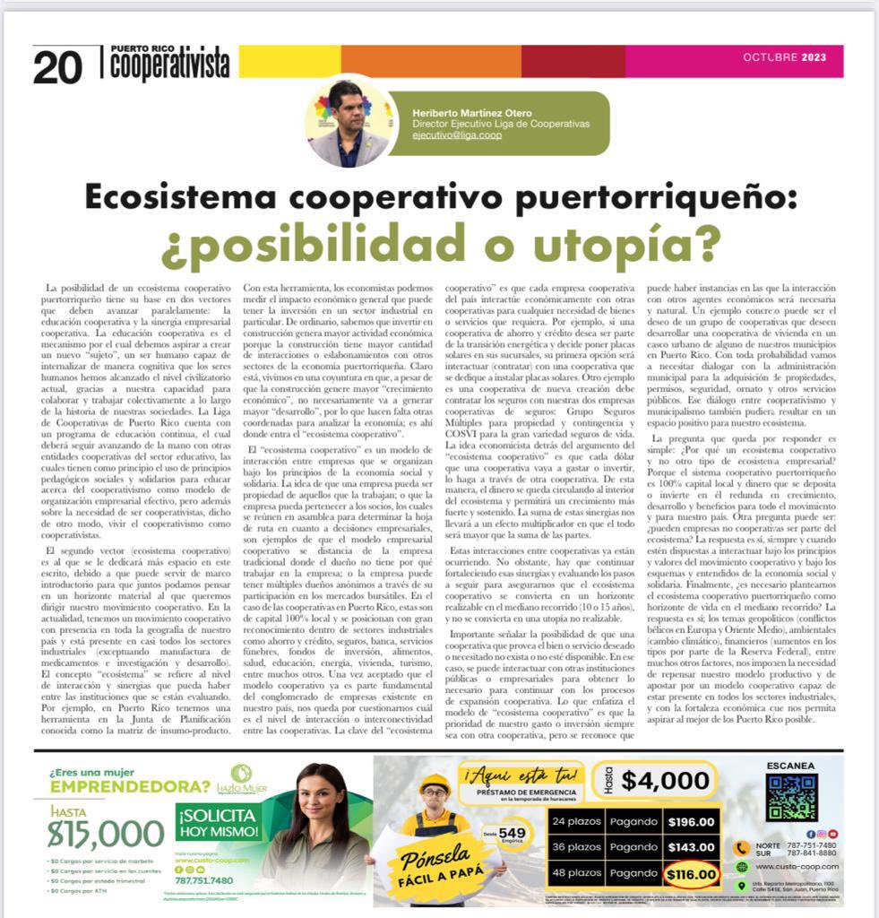 Te invito a leer mi más reciente columna acerca de la posibilidad de desarrollar el Ecosistema Cooperativo Puertorriqueño. Estoy convencido de que este proyecto es alcanzable y realizable. Lo que tenemos es que continuar dialogando y trabajando. ¿Te apuntas? 💪🏿🇵🇷💚🌲🌲