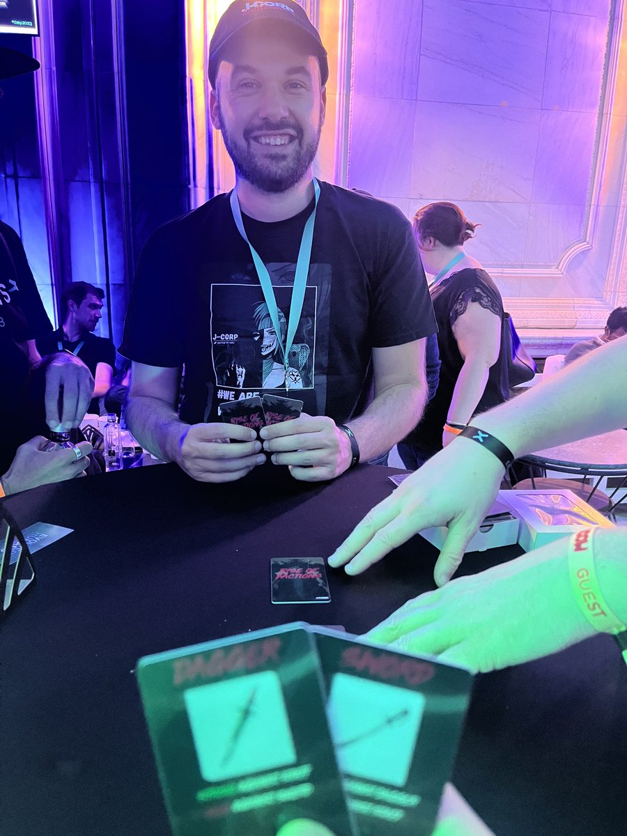 cryptorious94's tweet photo. The summary of @JCorpBattle of @xDay2023 was wonderful! Met the founder @GbsMickael, colleague @Andrei76538645 and we played tons of card games! I got my cap and t-shirt too! On top winning the duel with the founder won my NFT too! #MultiversX #xDay #Jcorp https://t.co/CCMz8qxRUF