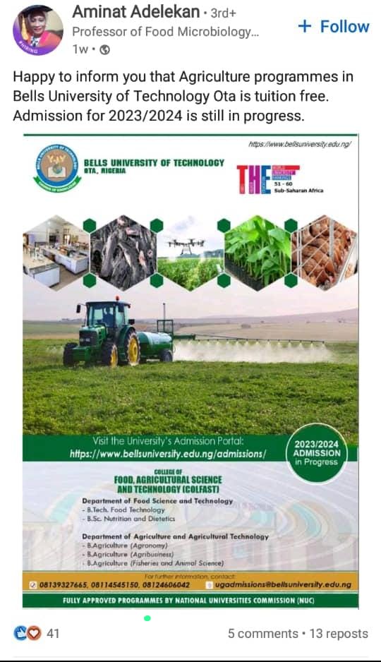 Congratulations to Nigeria,
Studying #AgriculturalTechnology is Tuition free in BELLS UNIVERSITY OF TECHNOLOGY, OTA. 
Send to someone who might need this