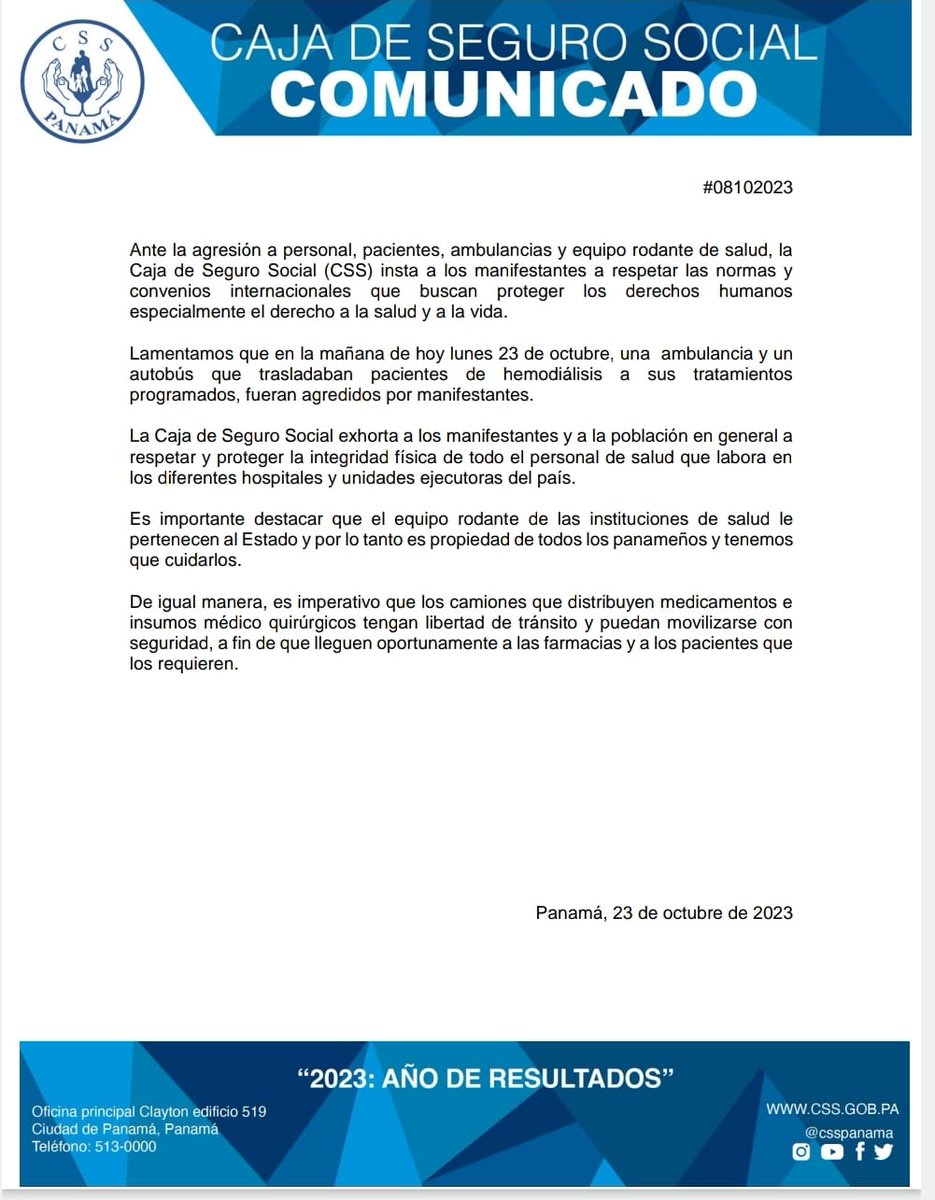 #ComunicadosCSS | Ante la agresión a personal, pacientes, ambulancias y equipo rodante de salud, la <a href="/CSSPanama/">CSSPanama</a> insta a los manifestantes a respetar las normas y convenios internacionales que buscan proteger los derechos humanos especialmente el derecho a la salud y a la vida.