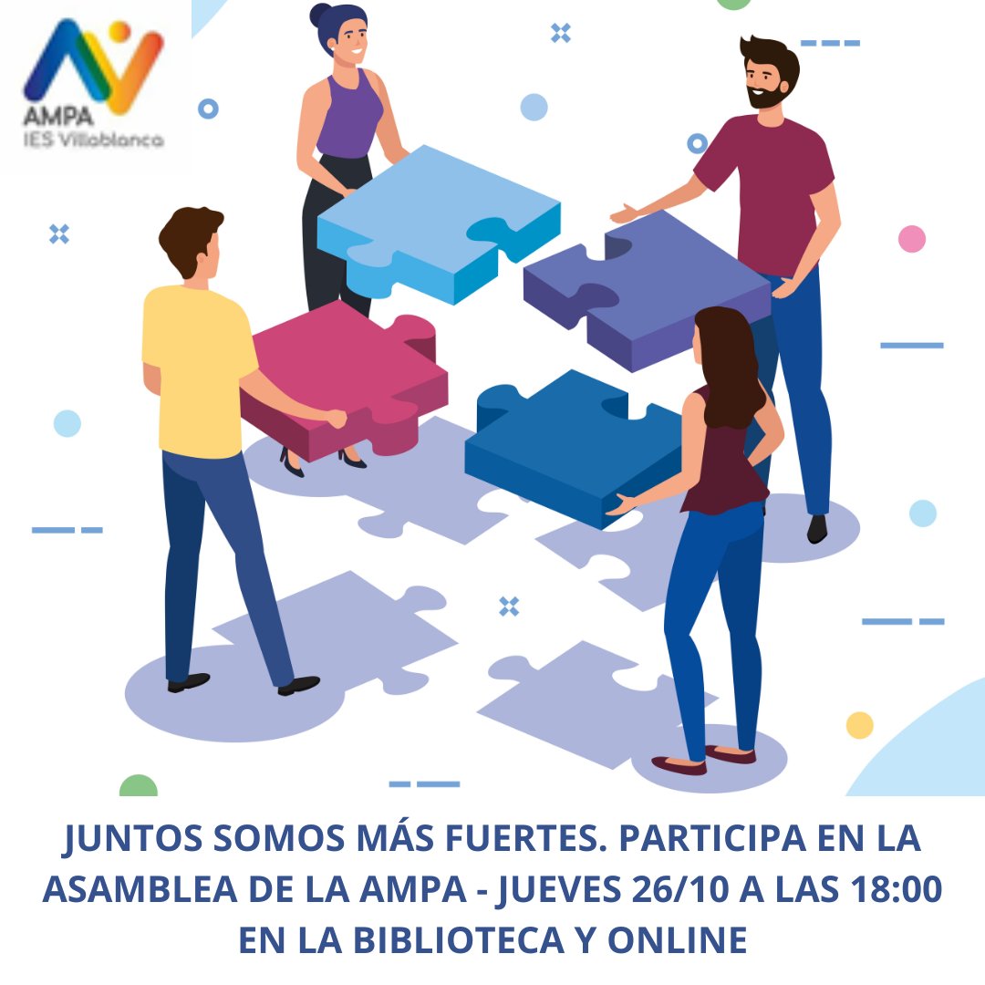 📢📢No te pierdas nuestra asamblea. Tenemos mucho q contarte. Estrenamos proyecto sobre salud mental. Habrá café y bizcocho.
Si vas a participar online, te enviaremos el link a tu mail
Si todavía nos has recibido la convocatoria, ponte en contacto con nosotros
SüMATE A LA AMPA