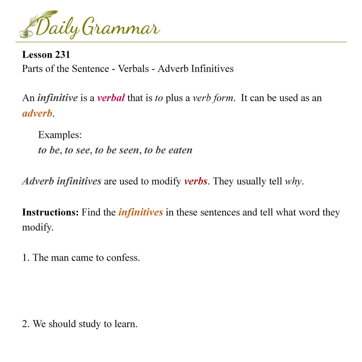 grammar_daily's tweet photo. Lesson 231 - Today's lesson will ask you to identify infinitives.
https://t.co/bMD6LmUijv https://t.co/5EcBfQ33NU