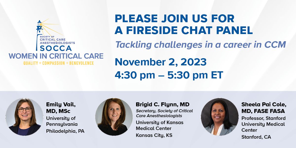 Join SOCCA’s @emilyvailmd @SheelaPaiCole & Dr. Brigid Flynn November 2 to discuss “Tackling Challenges in a Career in Critical Care Medicine” | Sign up in advance: buff.ly/3PYvYNs @shahlasi @MayHuaMD @madihasyed85 @KU_CCM @stanfordanes @PennMedicine