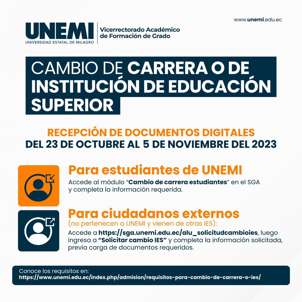 UNEMIEcuador's tweet photo. Estimado estudiante: 

Si requieres información para reingreso, reconocimiento, homologación, cambio de carrera o de institución, revisa estas imágenes donde está todo lo que necesitas saber para realizar tus trámites. 🤓🤓

#SomosLoQueHacemos #SomosUNEMI https://t.co/zDd9g8SMcL