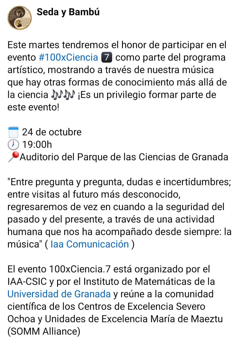 SedaBambu's tweet photo. EVENTO #100xCiencia 7⃣

🗓️​ 24/10
🕖 19:00
📍Parque de las Ciencias Granada https://t.co/TJ4G6m7shl