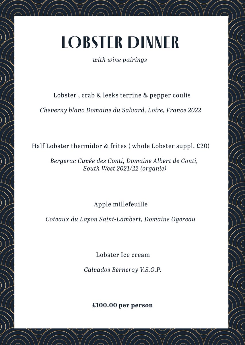 Our four-course Lobster Dinner with wine pairing is this Thurs 26th October. There are just a few spots remaining, tap to view the menu and call us on 02088920602 to secure your table. We look forward to welcoming you for a very special evening of lobster at Le Salon Privé! 🦞🍷
