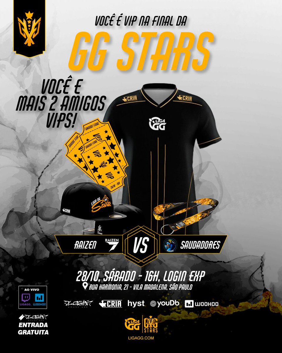 Você É VIP na FINAL DA GG STARS!

É Isso galera, deu a louca na DIRETORIA, VOCÊ e MAIS 2 AMIGOS VIP NA FINAL DA GG STARS!

O Vencedor além de ganhar o VIP, receberá uma CAMISA DA LIGA GG, BONÉ e Chaveiro da CRIA!

Para participar é fácil, basta seguir nosso Twitter e marcar os 2
