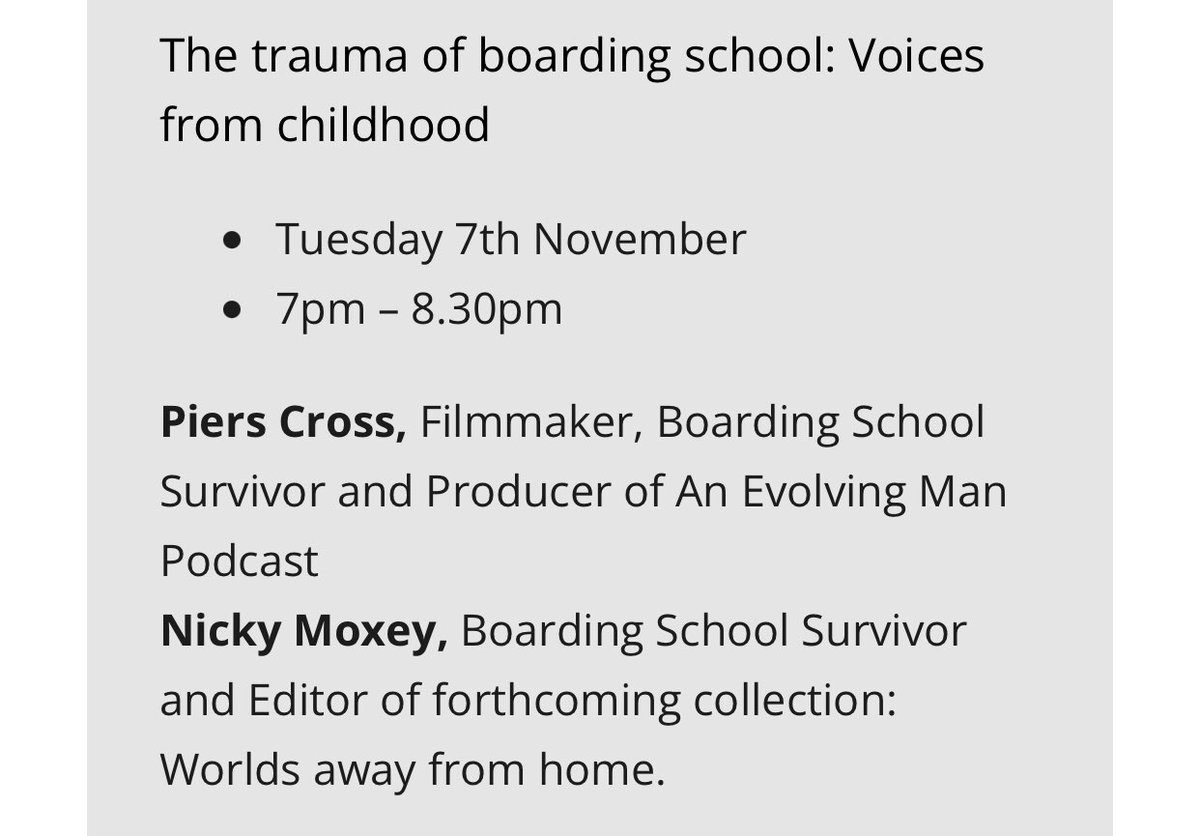 The Trauma of Boarding School: Voices from Childhood. 7 Nov frm @Bowlby_Centre If you know nothing abt life at boardng school, this is t event for you. Our 2 speakers can explain what it feels like & why that matters to t UK public. @moxeyns @PiersCross1 thebowlbycentre.org.uk/cpd/