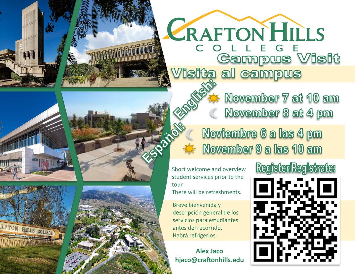 InlandAEBG's tweet photo. Campus Visit: English
Nov 7 starting at 10 AM
Nov 8 starting at 4 PM
Short welcome and overview student services prior to the tour. There will be refreshments.

Crafton Hills College
11711 Sand Canyon Road, Yucaipa, CA 92399

Alex Jaco
909-285-9085
hjaco@craftonhills.edu https://t.co/cuHGagHzR7