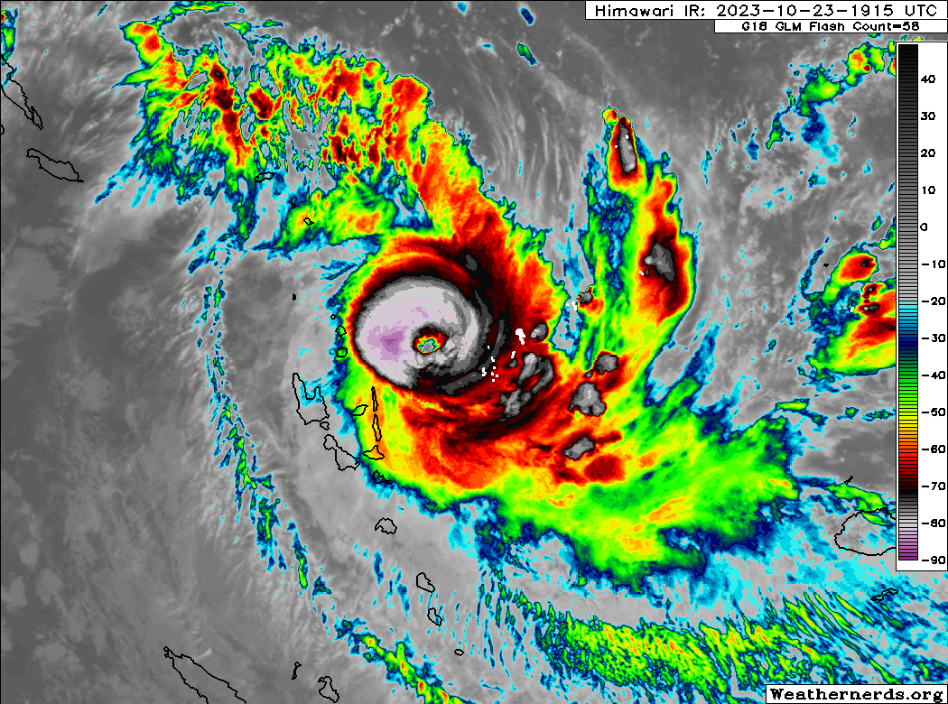 WillWeatherRVA's tweet photo. #Lola (#01P) is now a Cat 5 cyclone on the Australian intensity scale (it's a Cat 4 on the Saffir-Simpson scale) as it continues to creep toward #Vanuatu. It is expected to be at this high intensity when it reaches the islands tomorrow. This is an extremely dangerous situation! https://t.co/kZVP6aDYZm