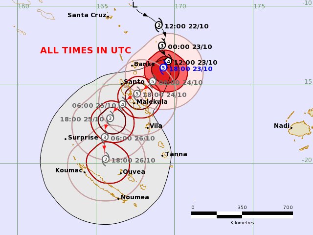 WillWeatherRVA's tweet photo. #Lola (#01P) is now a Cat 5 cyclone on the Australian intensity scale (it's a Cat 4 on the Saffir-Simpson scale) as it continues to creep toward #Vanuatu. It is expected to be at this high intensity when it reaches the islands tomorrow. This is an extremely dangerous situation! https://t.co/kZVP6aDYZm