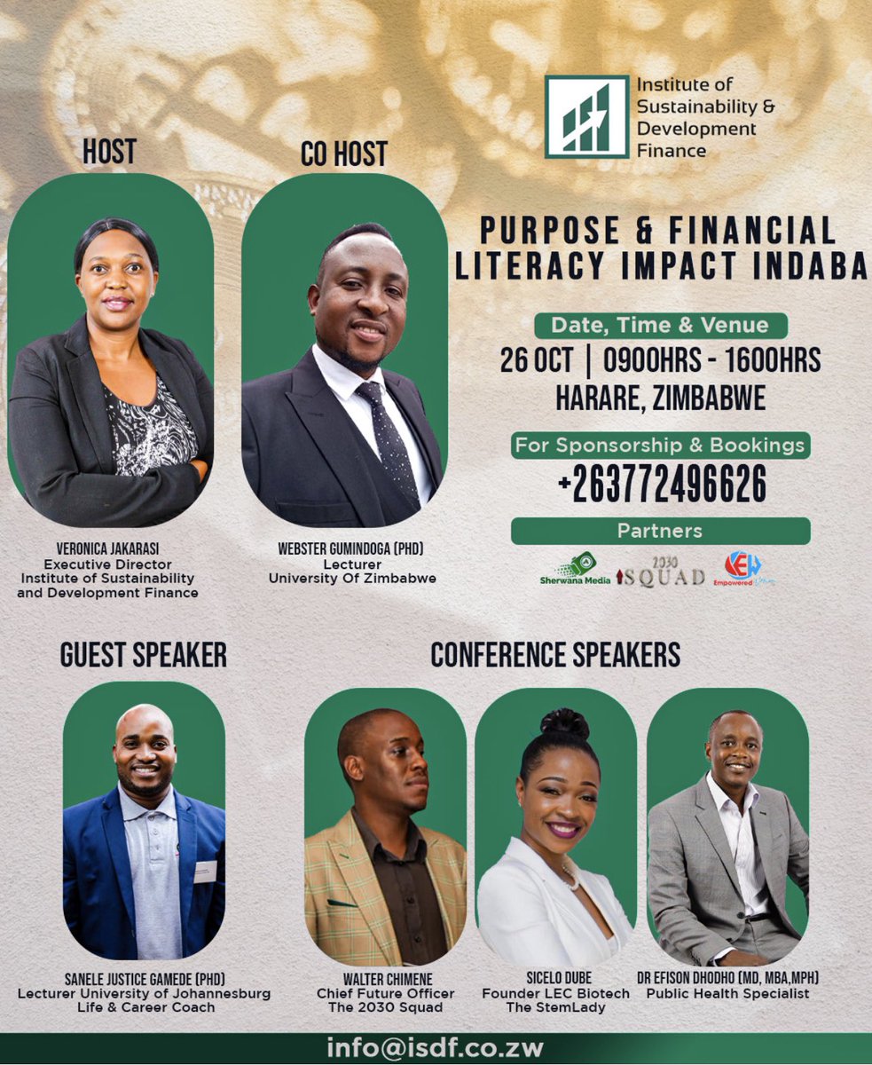 We @isdfzw are excited to be hosting this event with our Co-Host from the University of Zimbabwe. We seek to create a sense of purpose, hope & success for the young people. Our target is the youth whose entire background is against obvious success. Book your complimentary space.