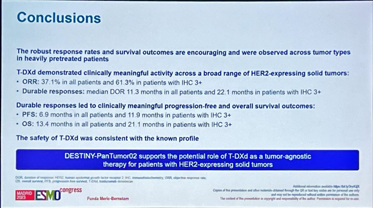 The eagerly awaited #PFS data for #TrastuzumabDeruxtecan in #BiliaryCancer presented in #ESMO23 by #FundaMericBernstam from the DESTINY-PanTumor02

➡️mPFS 7.4 months (IHC3+)👍🏻
[Previously reported ORR 56%]
📸#3 

@myESMO