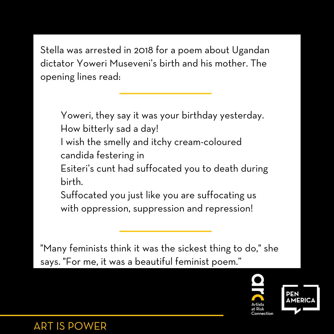 AtRiskArtists's tweet photo. ARC's Art Is Power report features 20 artists fighting for #socialchange. Today, we feature Ugandan poet @drstellanyanzi, whose signature method of “radical rudeness” led to her imprisonment and eventual exile. Read more: https://t.co/WDhZvBX3sx. #artispower https://t.co/aewDf5tjoY
