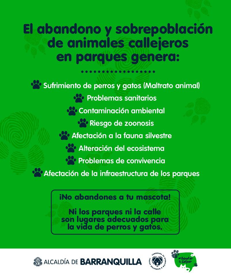 En nuestra lucha por garantizar el bienestar animal, respetando parques y espacios públicos, ratificamos el compromiso de erradicar los puntos críticos de sobrepoblación de perros y gatos. El abandono es una forma de maltrato animal y un delito ¡Cuida a tu mascota y a tu ciudad!