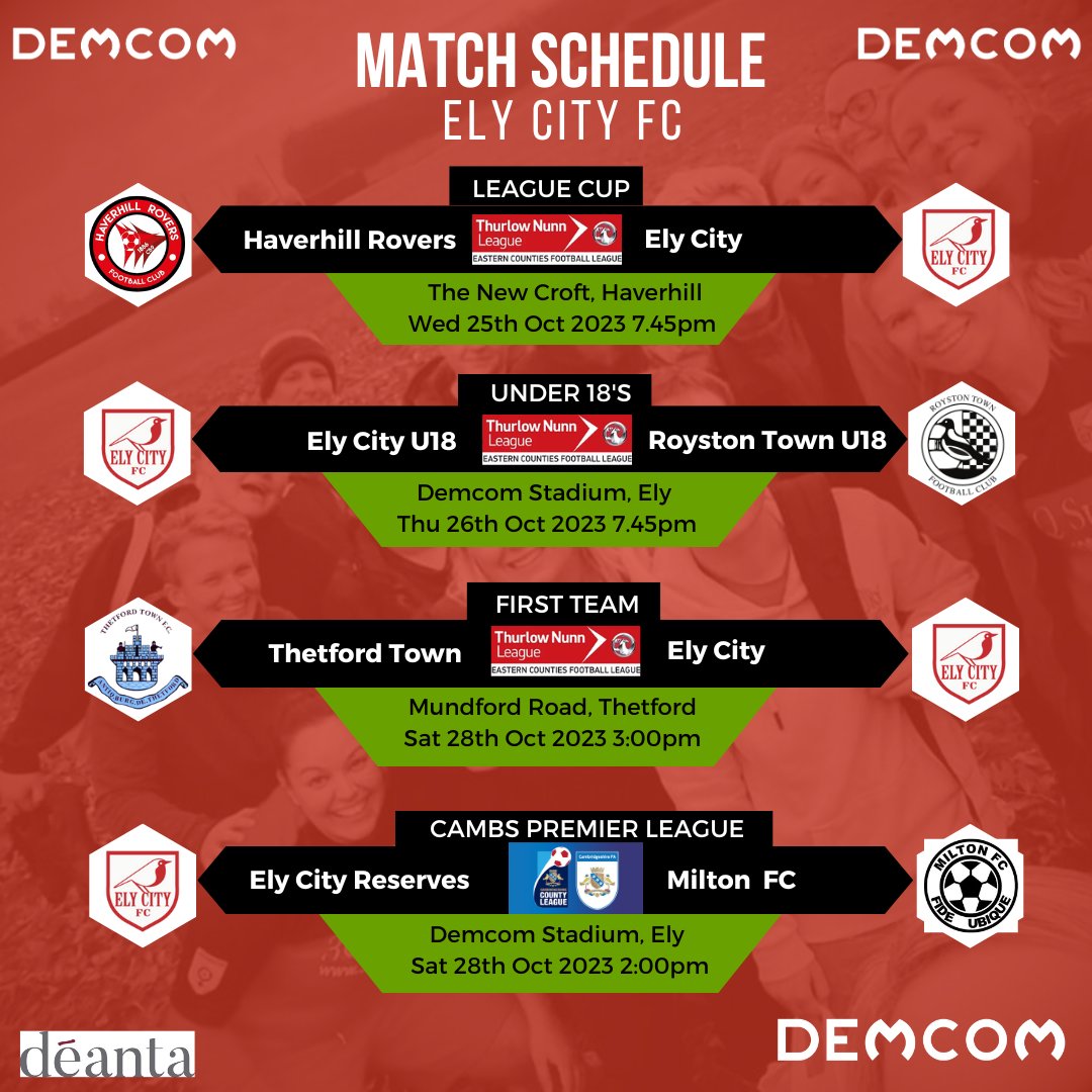 Ely City fixtures for the coming week.
The first team have 2 games and onw each for the U18's and reserves. Please note that the reserves game is now a 2pm kick off.