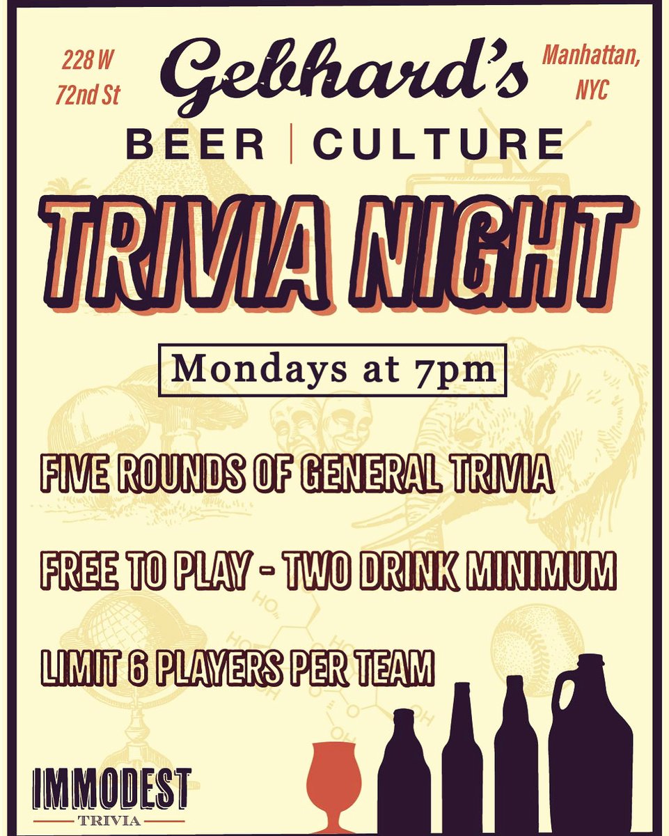 It's our fave night of the week again... GBC MON TRIVIA @ 7PM! Join us and prove you're the ultimate brainiac in NYC!
#gebhardsbeerculture #craftbeer #craftkitchen #upperwestside #beerculture #upperwestsidebar #bottleshop #beer #beerlover #trivianight #immodesttrivia