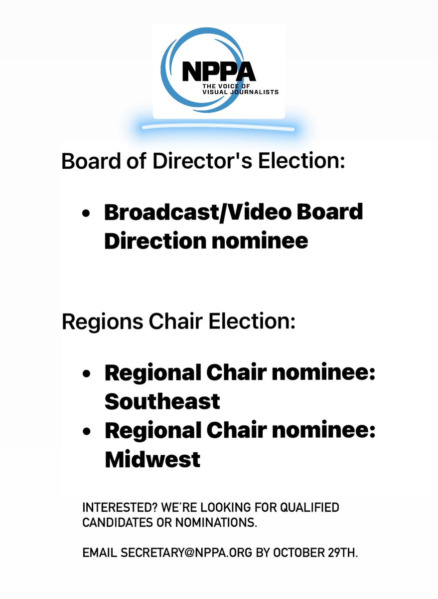 Attn folks!
Interested in serving on the @nppa board? 
See below. Inquire or send along your name or a nomination by 10/29. 👇👍 
#visualstorytelling #visualjournalism