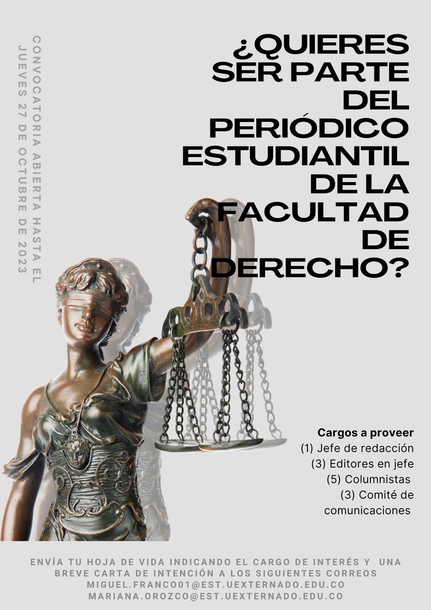 ¿Quieres ser parte del periódico estudiantil de la Facultad de Derecho?

Envía tu hoja de vida indicando el cargo de interés y una breve carta de intención a los siguientes correos:
miguel.franco01@est.uexternado.edu.co
mariana.orozco@est.uexternado.edu.co
