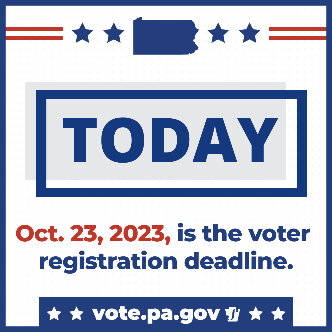 ❗️𝐓𝐎𝐃𝐀𝐘 is the  𝐃𝐄𝐀𝐃𝐋𝐈𝐍𝐄 to register to vote or to update your information for the November 7 municipal election.

If you register online, you have until 11:59 pm ➡️vote.pa.gov/Register  

#SD24 #SenatorPennycuick #ReadyToVotePA #Election #Nov7 #YourVoteMatters
