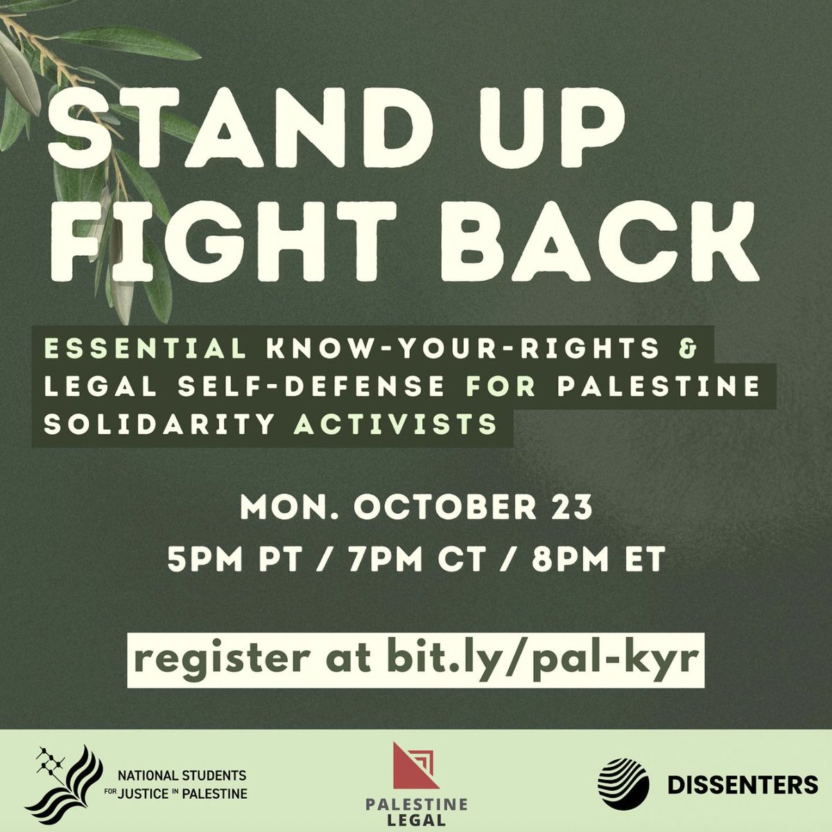 TONIGHT: Students are facing unprecedented repression and backlash from Zionist groups and administrators on our campuses. Join us alongside @wearedissenters and @NationalSJP for a Know Your Rights training @ 5PM PT / 7 PM CT / 8 PM ET. 🔗 Register at bit.ly/pal-kyr