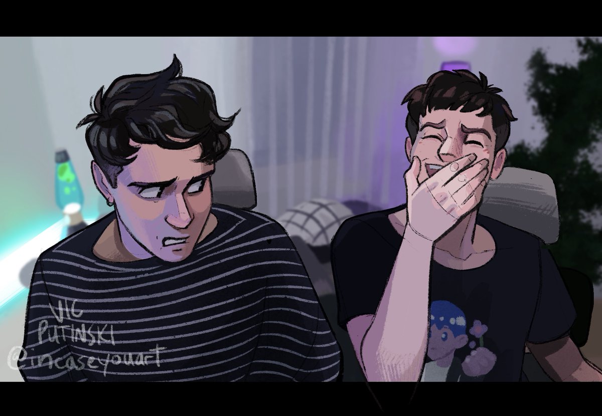 incaseyouart's tweet photo. Quick draw from the first new #DanandPhilGAMES video!! I missed this specific energy - @AmazingPhil saying something ridiculous and @danielhowell cringing 😂👌

#phanart #danandphil https://t.co/FitM9tFlkw