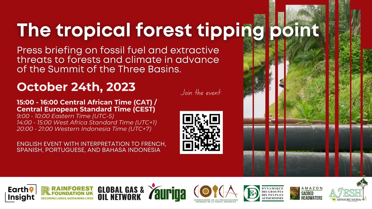 Are you a #climate or #biodiversity reporter? Join our press briefing tomorrow in advance of the Summit of the #3Basins in Brazzaville! 

🔗 Sign up here: earth-insight.org/three-basins-r…

#journalism #climatejournalism #tippingpoint #pressconference