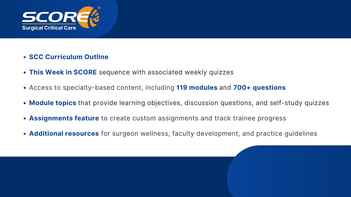 Did you know that SCORE #SurgicalCriticalCare programs and trainees have access to a weekly TWIS quiz? Thanks to the #SCC Editorial Board for all your hard work on the curriculum! To learn more about the #criticalcare subscription, go to: ow.ly/nvEG50PZTke #MedEd #SurgEd