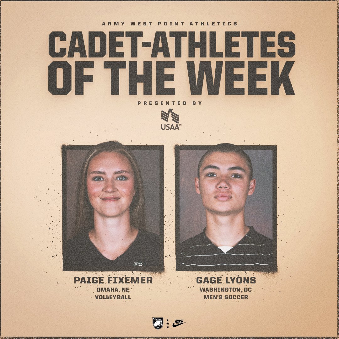Congrats to our Cadet-Athletes of the Week, presented by <a href="/USAA/">USAA</a> 👏👏👏

• Fixemer had 33 kills, 10 digs, 11 blocks, and accounted for 42.5 points in two matches for <a href="/ArmyWP_VB/">Army Volleyball</a>.
• Lyons had a pair of goals for <a href="/ArmyWP_MSoccer/">Army Men’s Soccer</a> last week, including the lone goal in a 1-1 draw with