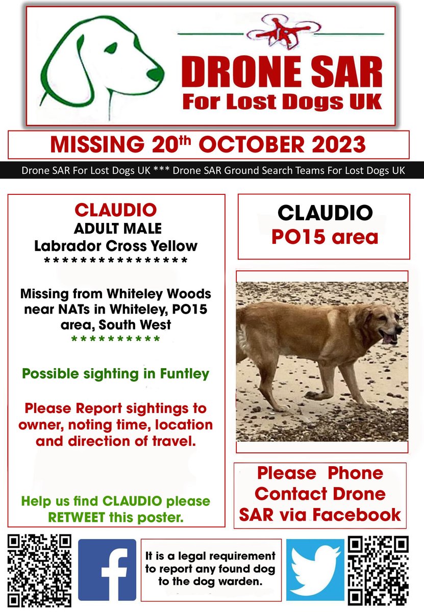 sar_dogs's tweet photo. #LostDog #Alert CLAUDIO
Male Labrador Cross Yellow (Age: Adult)
Missing from Whiteley Woods near NATs in Whiteley, PO15 area, South West on Friday, 20th October 2023 #DroneSAR #MissingDog https://t.co/s5t9syh9Uf