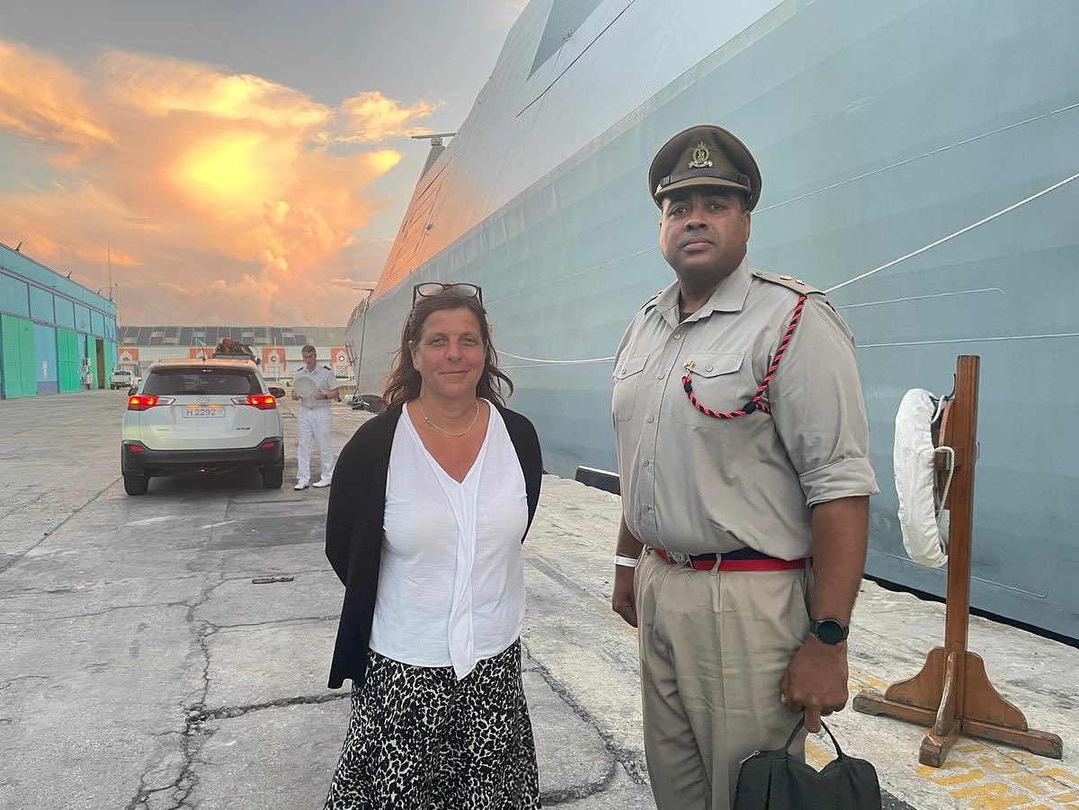 UKinCaribbean's tweet photo. 🇬🇧 Navy Ship @HMSDauntless had a successful visit to 🇧🇧 last week, which started with an official welcome by Deputy High Commissioner to Barbados and the Eastern Caribbean, @cwchatter and the UK’s Defence Attaché, Lieutenant Colonel Keith Brewster. https://t.co/mktEuhSz4I