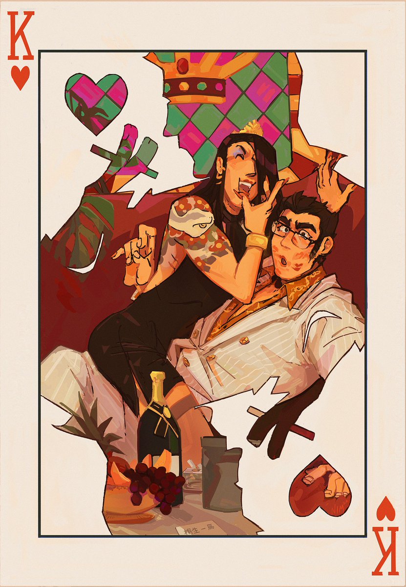 the two sides of my spread for <a href="/kazumajizine/">Receive You: A Kazumaji Zine🐉🐍</a> ! two alternate Y0-era meetings between the Lord of the Night and everyone's favorite real estate agent ;^]

i finished these nearly a year ago at this point and the left side is still just about my favorite thing i've ever painted