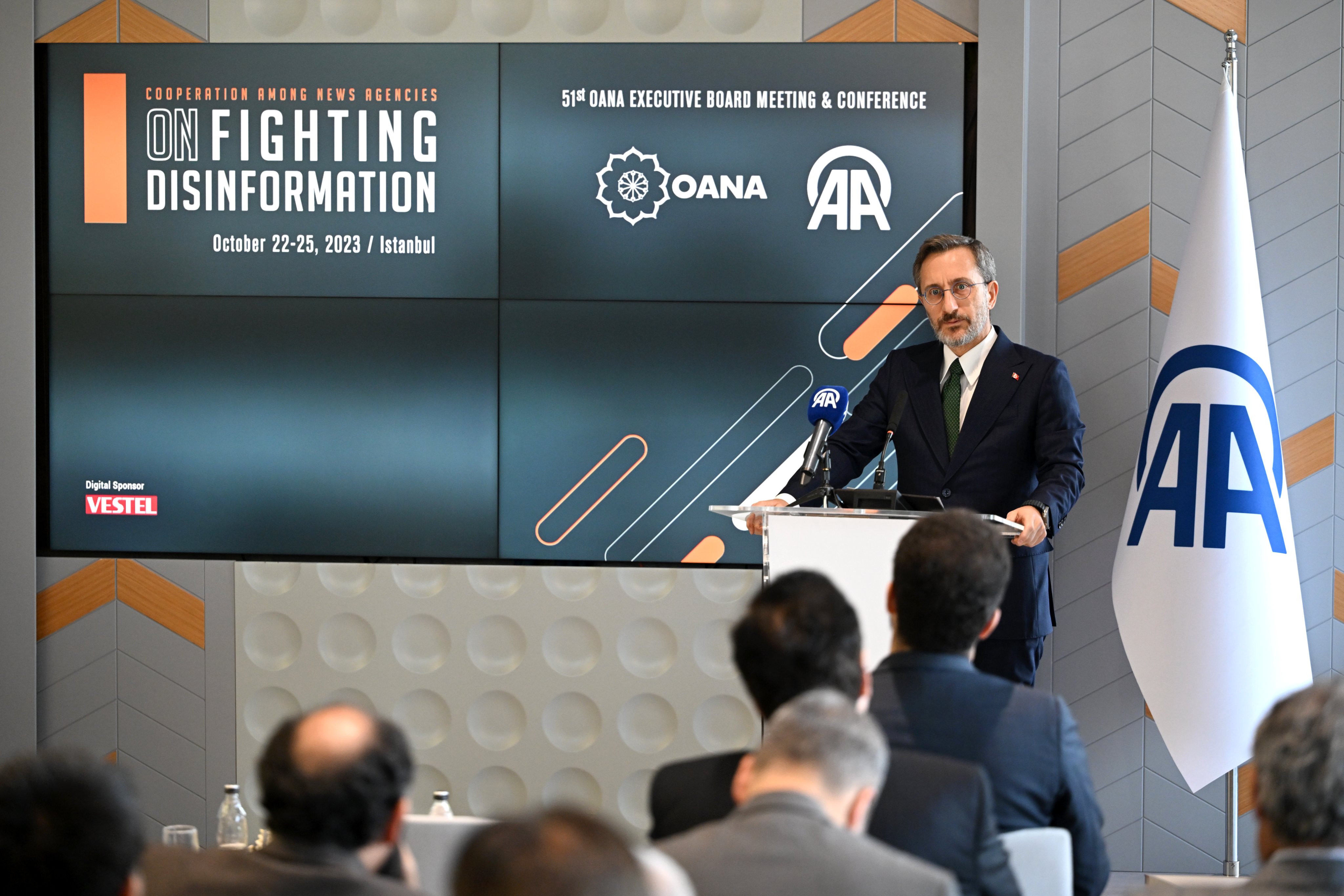 Former Communications Director Fahrettin Altun speaks at the 51st Association of Asia-Pacific News Agencies (OANA) Conference on combating disinformation, October 23, 2023. (Photo: X/@iletisim)