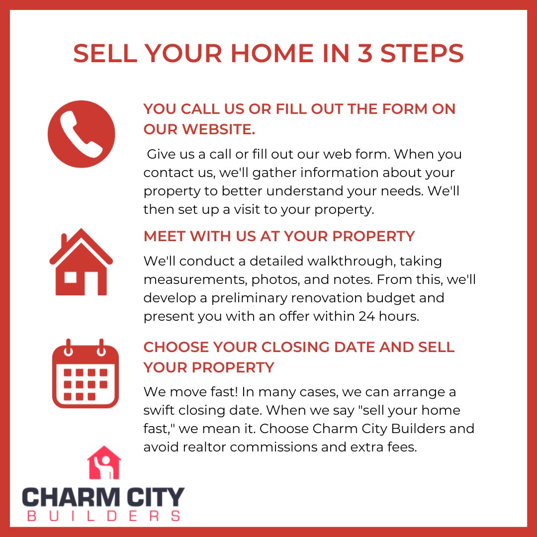 CharmCityBuild's tweet photo. Selling Your Home with Charm City Builders: The 3-Step Process 🏡

Ready to make a move? Contact Charm City Builders today!
https://t.co/lt3R0PManI https://t.co/Kuye7jRRj0