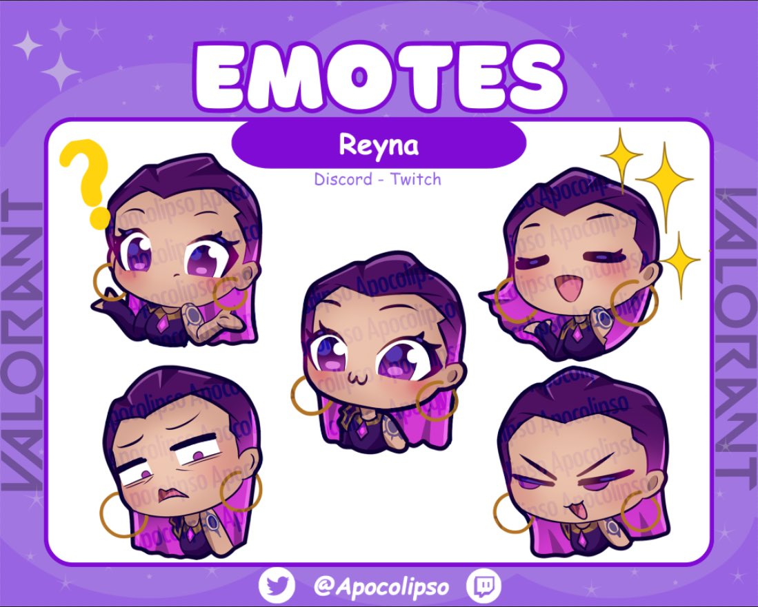 As per request I made some val emotes. 

Packs are $5 each and will post more soon. 
Available here (etsy.com/shop/AlysWhate…) Any support is appreciated! 
#VALORANT #VALORANTfanart #twitchemotes #emotes