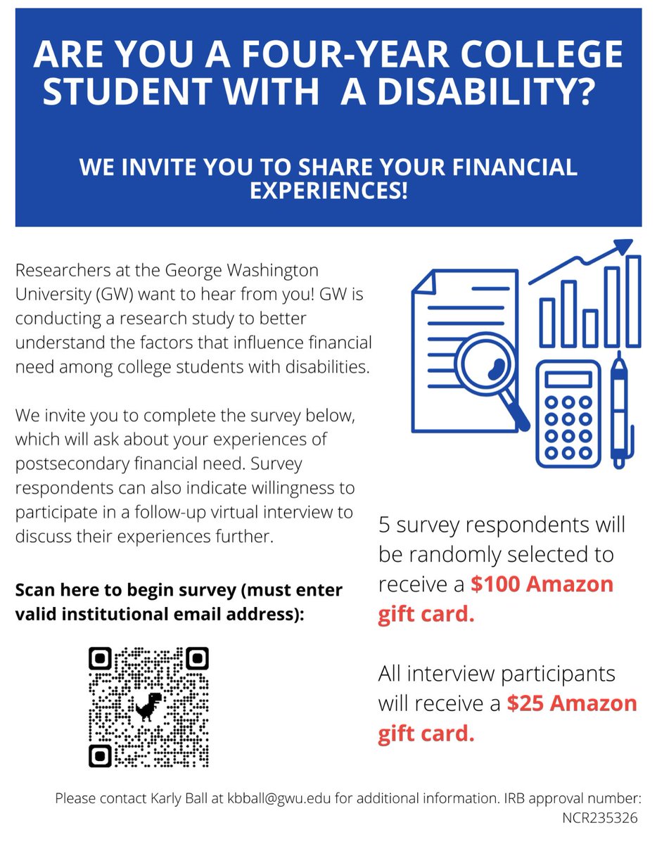 Are you currently a 4 yr US college student with a disability? I would love to learn more about your financial experiences! Scan this QR code to begin the survey, and consider volunteering for a follow-up interview. Incentive info attached! #academictwitter #DisabilityTwitter