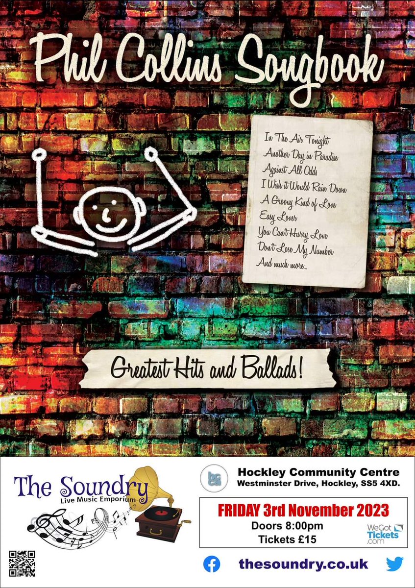 TSoundry's tweet photo. Fri 3rd Nov we have a really great  tribute to the music of Phil Collins. A gig not to be missed by all Collins/Genesis fans. Seated &amp; standing tickets available online from We Got Tickets https://t.co/demY7Y1jpP &amp; also from The Commy, Westminster Drive, Hockley, Essex SS5 4XD. https://t.co/LIsffulEXA