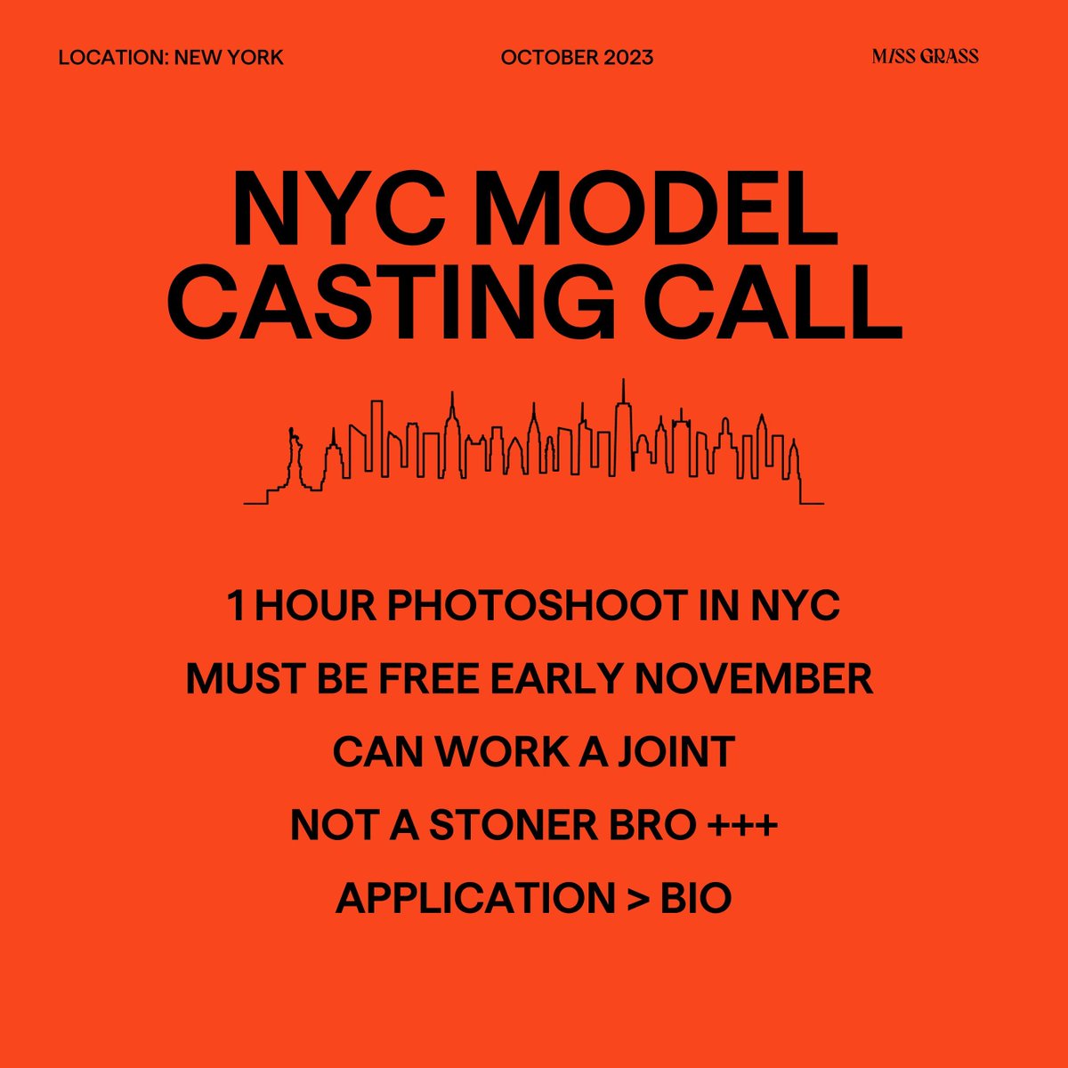 Miss Grass is looking for plant-puffing,the-camera-loves-me buds to strike a pose in the studio in November. POC, queer, trans folks, all abilities, bodies, ages, and styles to the front row. Apply > link (Closes 10/31). #modelcasting #modelcastingnyc #weed #cannabis #nycmodel