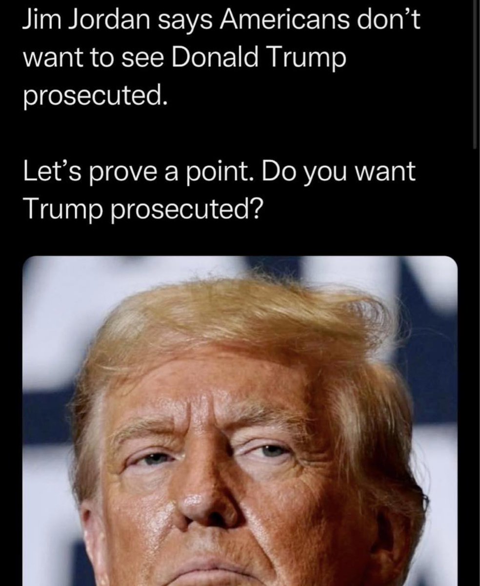 @jerrieskid @justjo2 Rep. Jim Jordan, unable to secure the votes needed to become Speaker of the House, claims Americans don't want Donald Trump to be prosecuted. We, the people, disagree. According to polling data, the majority of Americans support prosecuting Trump. Do you agree?