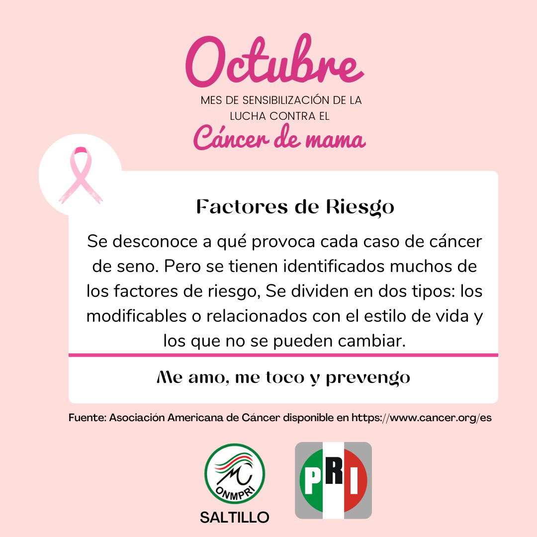 onmpri_saltillo's tweet photo. Pese a que no hay algún factor de riesgo identificable, existen medidas preventivas que pueden disminuir la posibilidad de presentarlo.
#OctubreRosa
#Autoexplorate
#MujeresConstruyendoMujeres https://t.co/ZIMtTl5Rm3