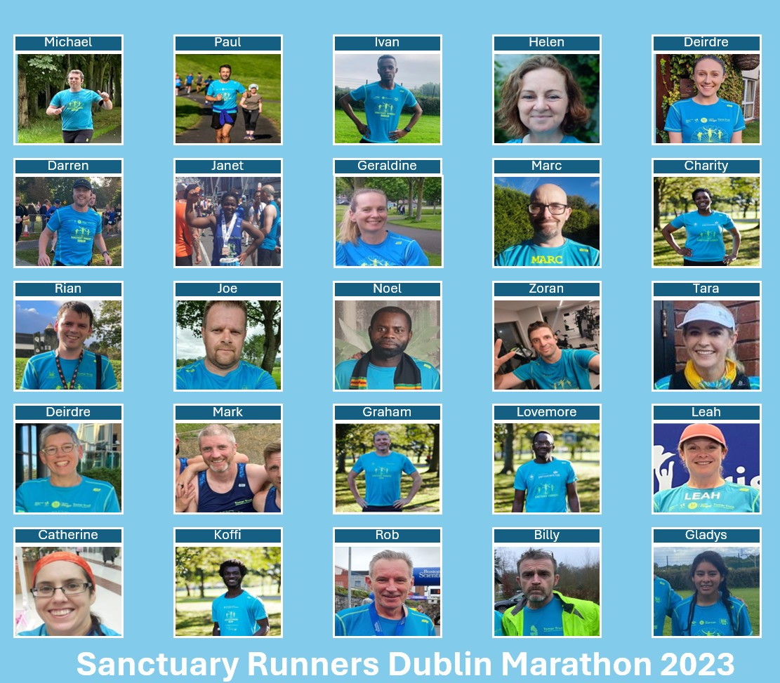 💙Our Sanctuary Runner team for the <a href="/dublinmarathon/">Irish Life Dublin Marathon</a> 2023 - LEGENDS ALL 💛

-And if you see us along the route please give us a massive roar! 

<a href="/DubCityCouncil/">Dublin City Council</a> <a href="/ianoriordan/">Ian O'Riordan</a> <a href="/BrendanCourtney/">Brendan Courtney</a> <a href="/DavidGillick/">David Gillick</a> <a href="/IrishRefugeeCo/">Irish Refugee Council</a> <a href="/irishathletics/">Athletics Ireland</a> <a href="/soniaagrith/">sonia osullivan</a> <a href="/rhasidatadeleke/">Rhasidat Adeleke</a> <a href="/joefingalgreen/">Joe O'Brien</a>