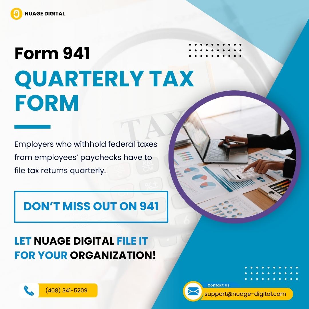 Form 941 is a quarterly submission of federal tax returns. It is submitted before the last day of the month following the quarter period.

Never miss a deadline again, contact Nuage Digital!

#nuagedigital #941 #form941 #quarterlyreturn #payroll #taxes #california