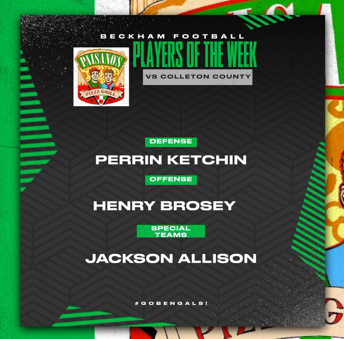 Beckham HS Football (@beckhamfb_) on Twitter photo Congratulations to our <a href="/PaisanosPizzaSC/">Paisanos Pizza Grill</a> Players of the Week for their performances last Friday. Great work! #gobengals!! Congratulations to our <a href="/PaisanosPizzaSC/">Paisanos Pizza Grill</a> Players of the Week for their performances last Friday. Great work! #gobengals!!