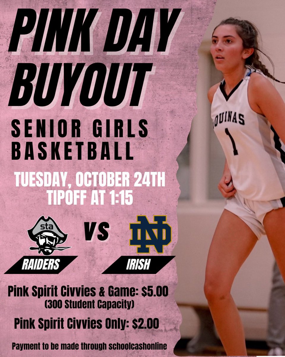 Tickets are selling fast!  Come out and support a great cause tomorrow. #BreastCancerAwarenessMonth #GoRaiders <a href="/STAOakville/">STA Oakville</a> 
🎀 $2.00 = Pink Spirit Civvies 
🎀 $5.00 = Pink Spirit Civvies + game ticket