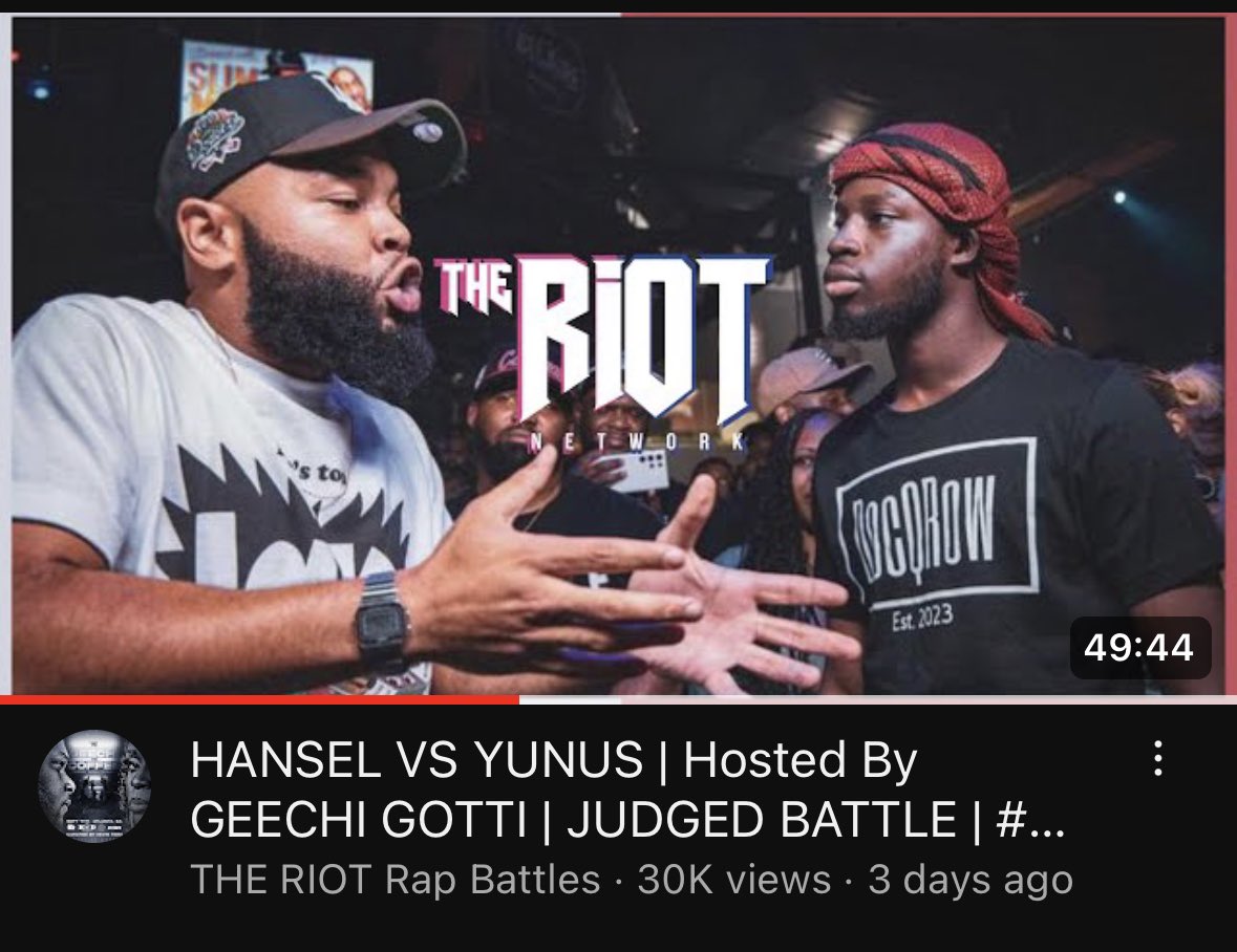 30K and counting. 
Officially my highest viewed battle.
The fact y’all sayin me and <a href="/greatjobhansel/">HAN$EL</a> is a BOTY contender 
and might even be one of the best battles of ALL TIME means so much to me.

thank y’all for havin me ATL &amp; <a href="/theriotoc/">THE RIOT RAP BATTLES</a> , I can’t WAIT to return‼️👾