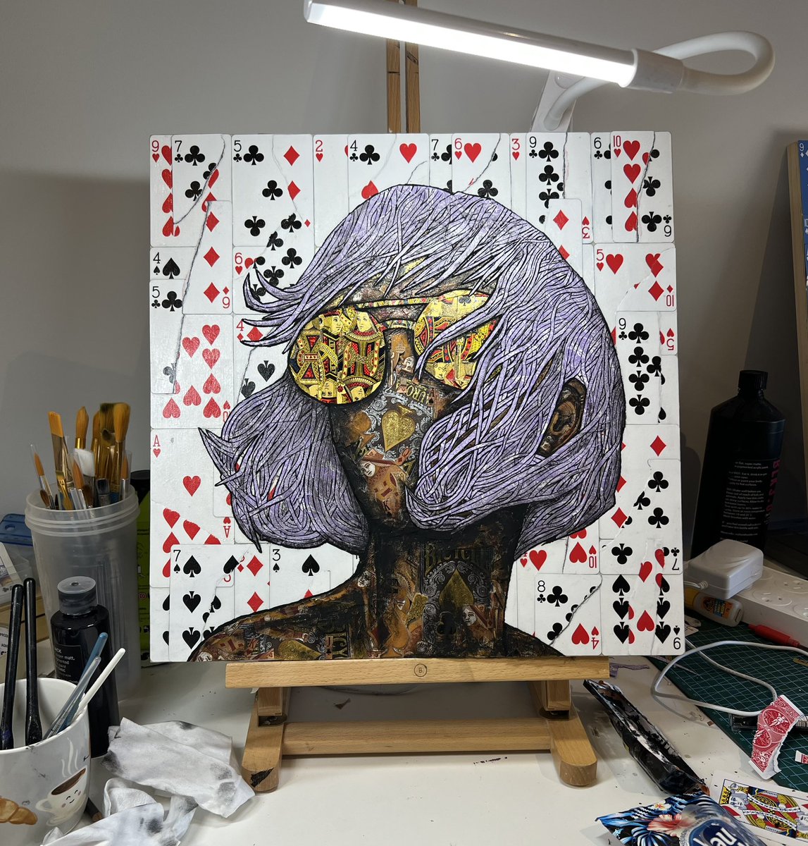 Custom piece for a client just finished, playing cards and acrylic on wooden panel